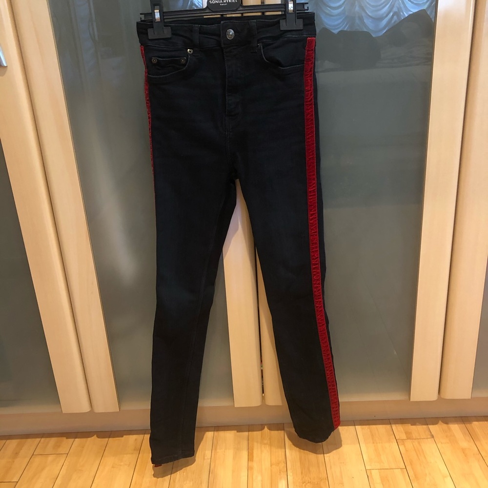 Zara Denim Jeans with Red Velvet Stripe Size 4